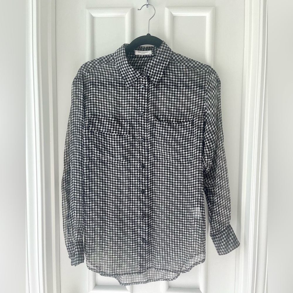 Equipment Femme Silk Sheer Houndstooth Button Up Blouse